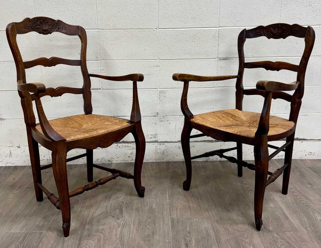 Antique French Country Style Louis XV Style Ladder Back Rush Seat Arm Chairs