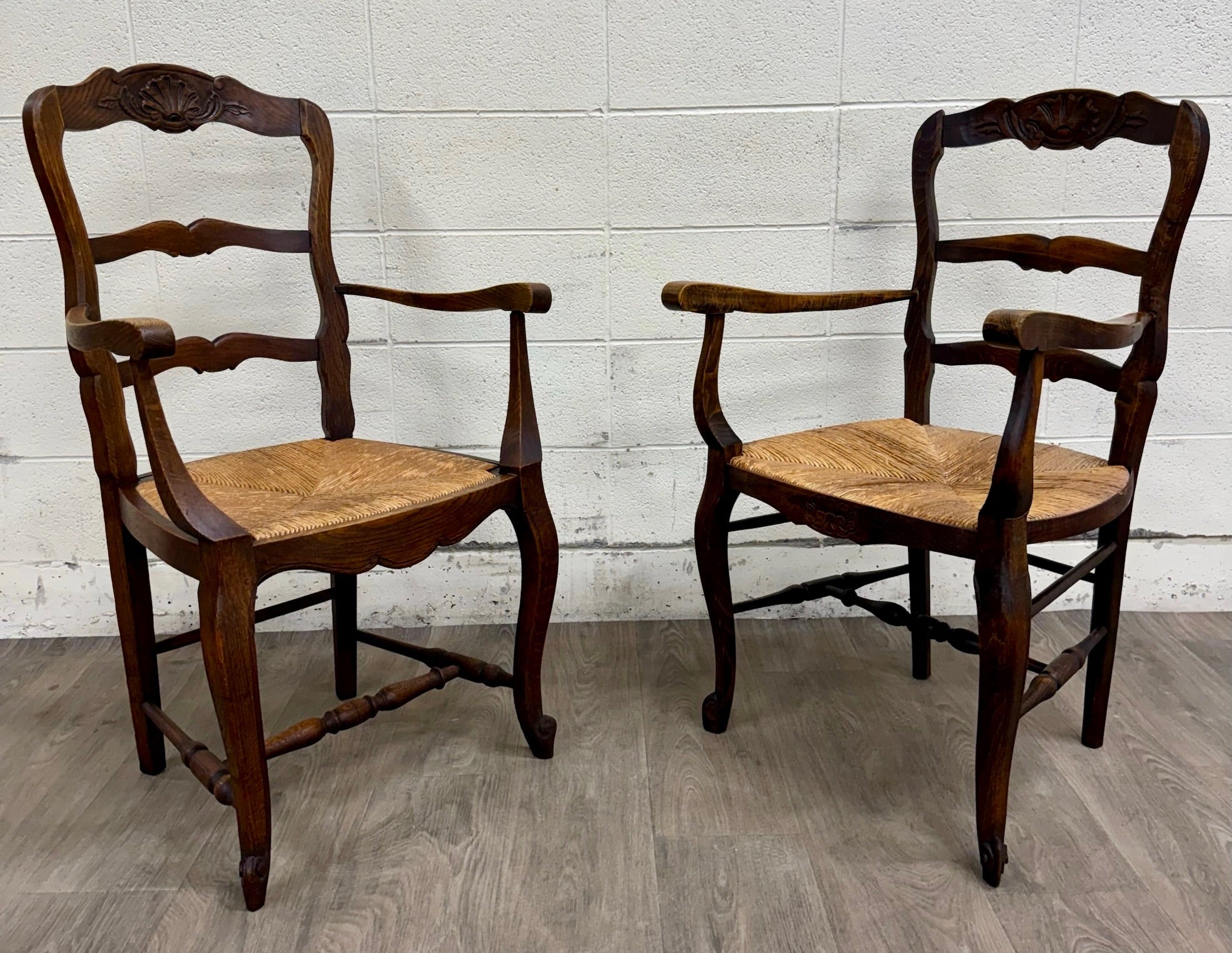 Antique French Country Style Louis XV Style Ladder Back Rush Seat Arm Chairs