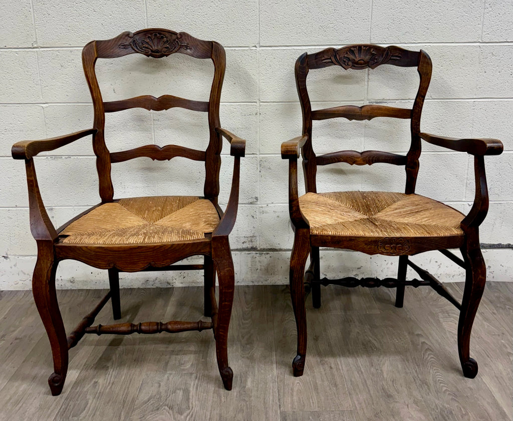 Antique French Country Style Louis XV Style Ladder Back Rush Seat Arm Chairs
