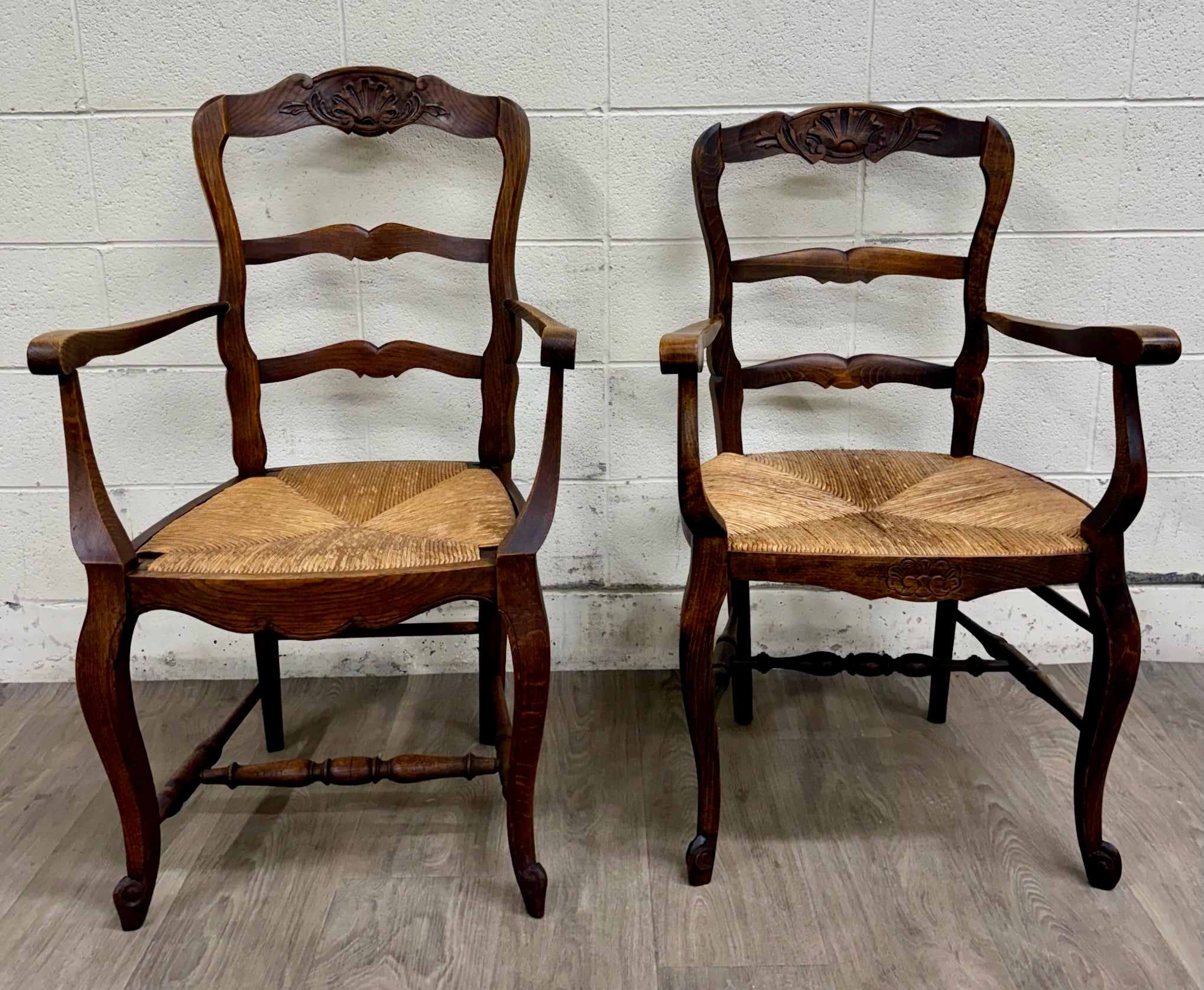 Antique French Country Style Louis XV Style Ladder Back Rush Seat Arm Chairs