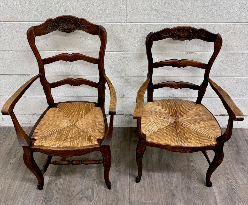 Antique French Country Style Louis XV Style Ladder Back Rush Seat Arm Chairs
