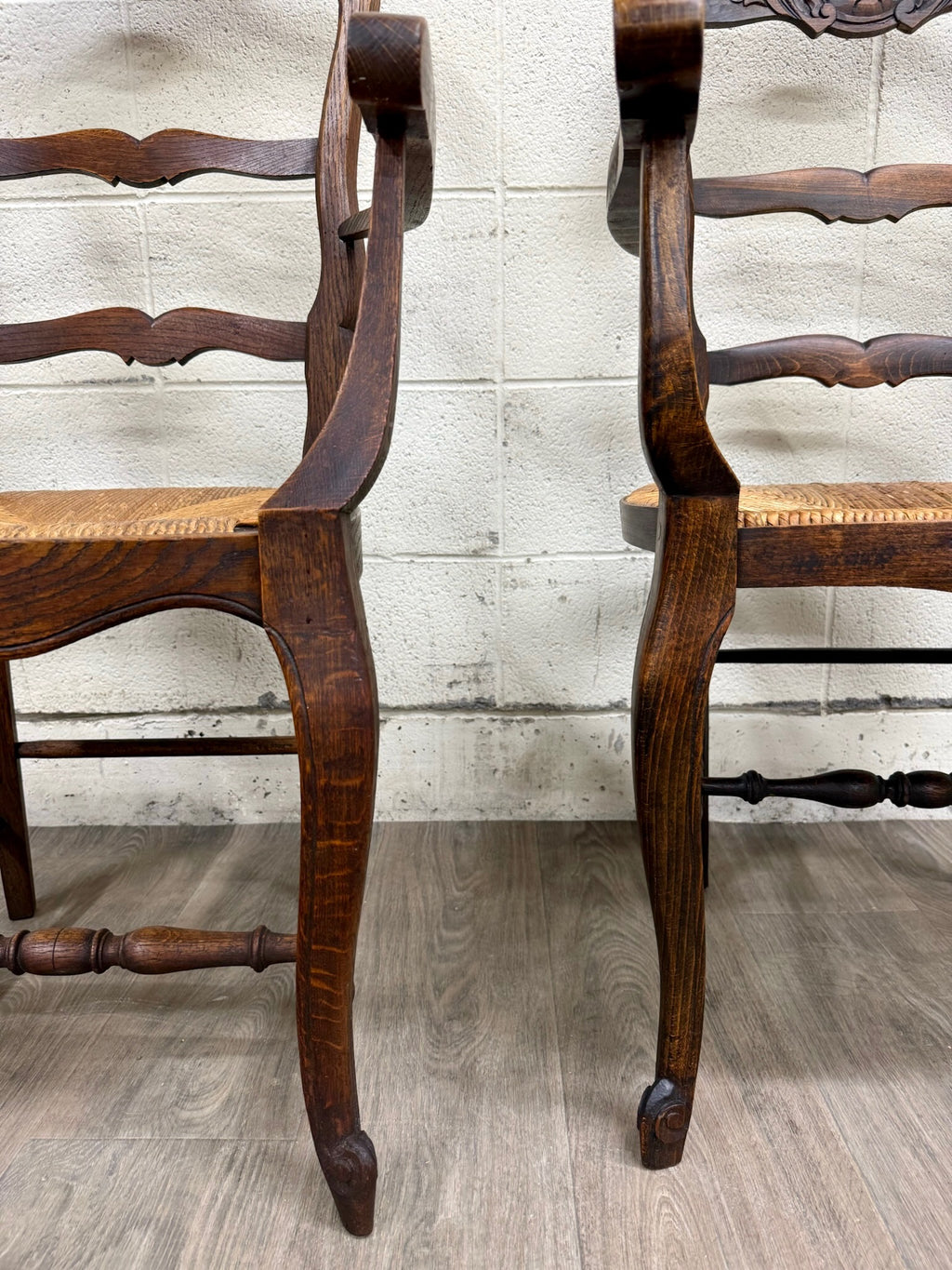 Antique French Country Style Louis XV Style Ladder Back Rush Seat Arm Chairs