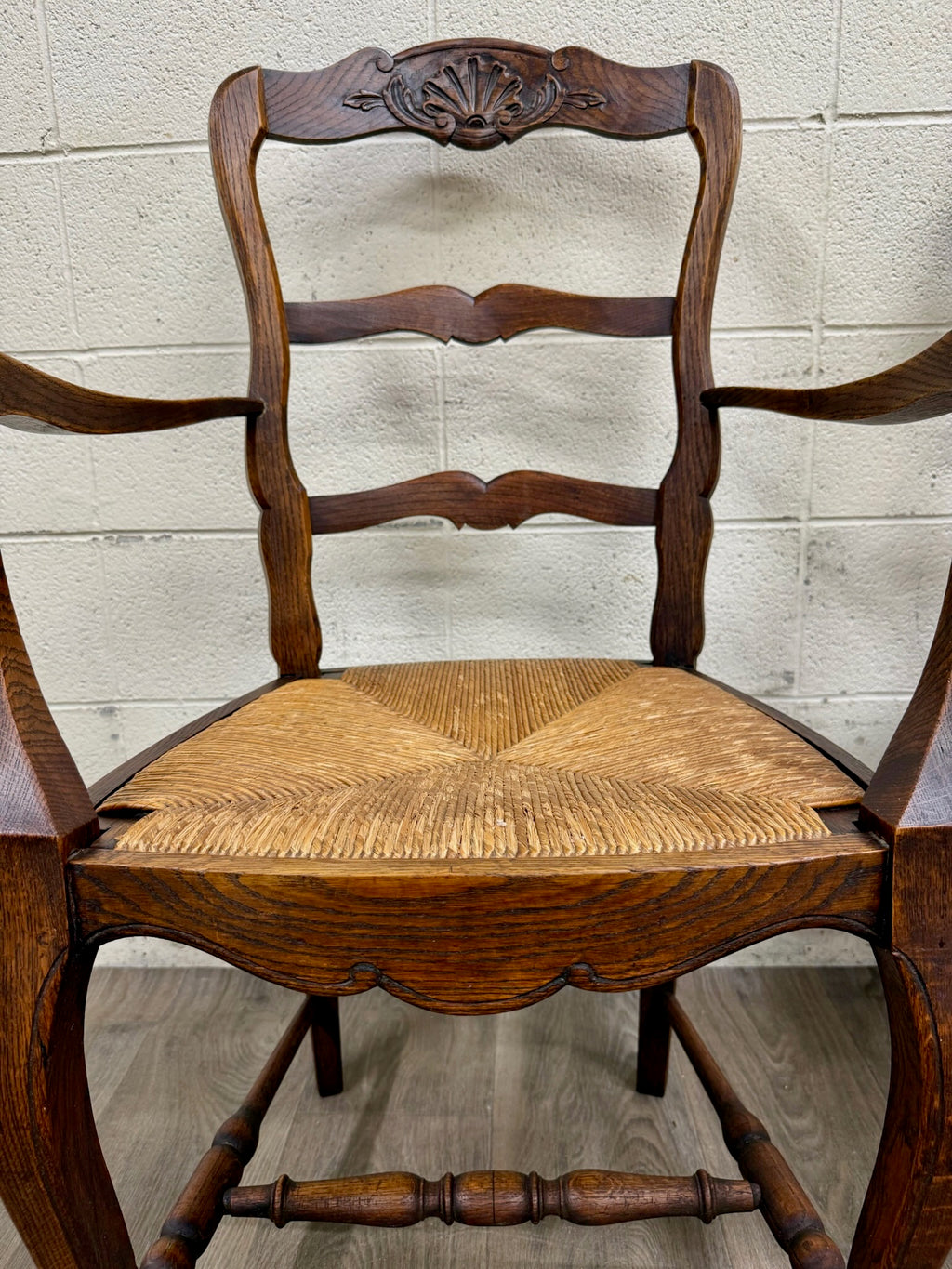 Antique French Country Style Louis XV Style Ladder Back Rush Seat Arm Chairs