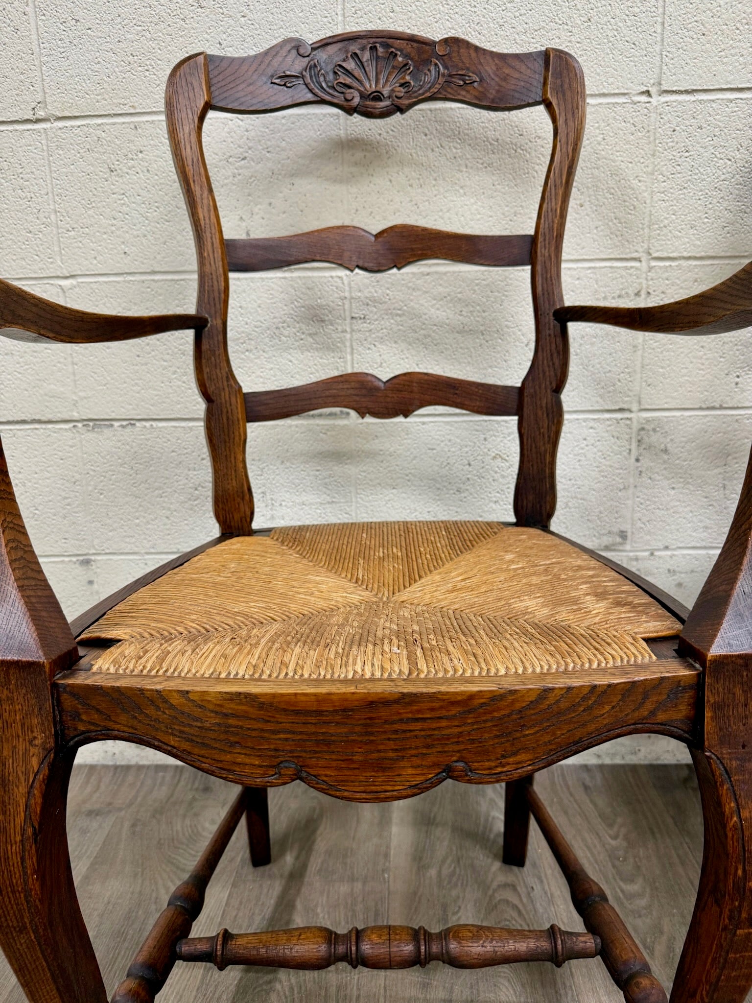 Antique French Country Style Louis XV Style Ladder Back Rush Seat Arm Chairs