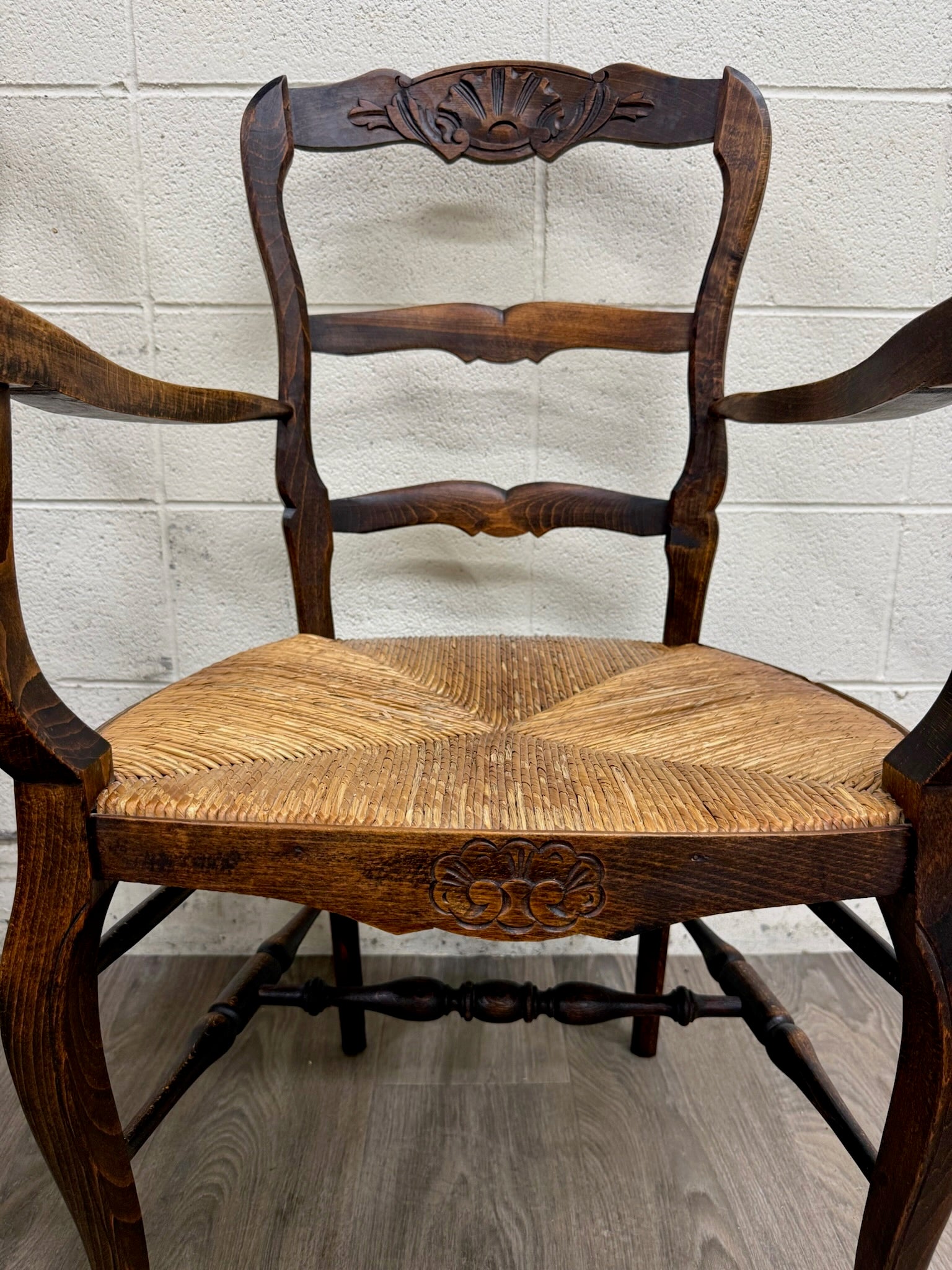 Antique French Country Style Louis XV Style Ladder Back Rush Seat Arm Chairs