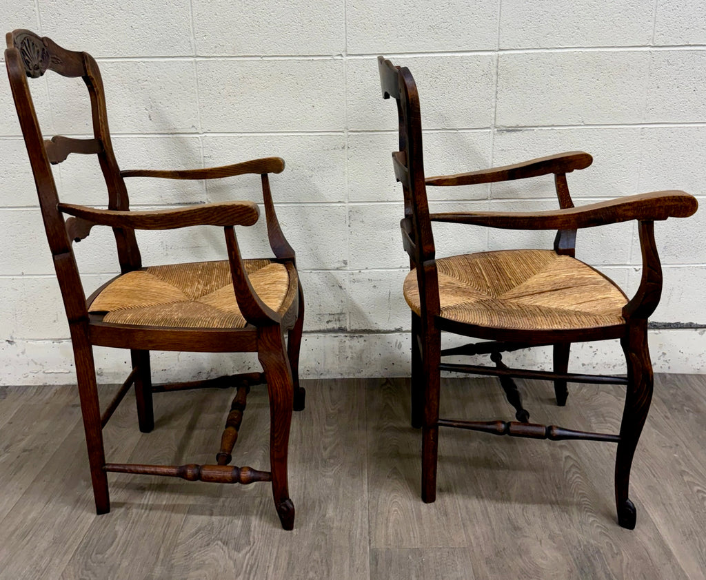 Antique French Country Style Louis XV Style Ladder Back Rush Seat Arm Chairs