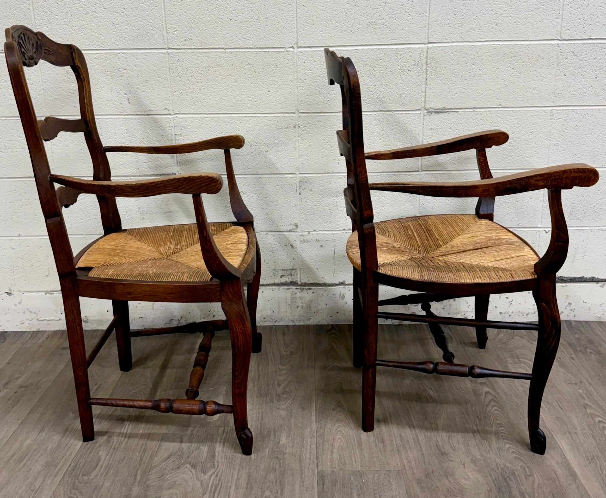 Antique French Country Style Louis XV Style Ladder Back Rush Seat Arm Chairs