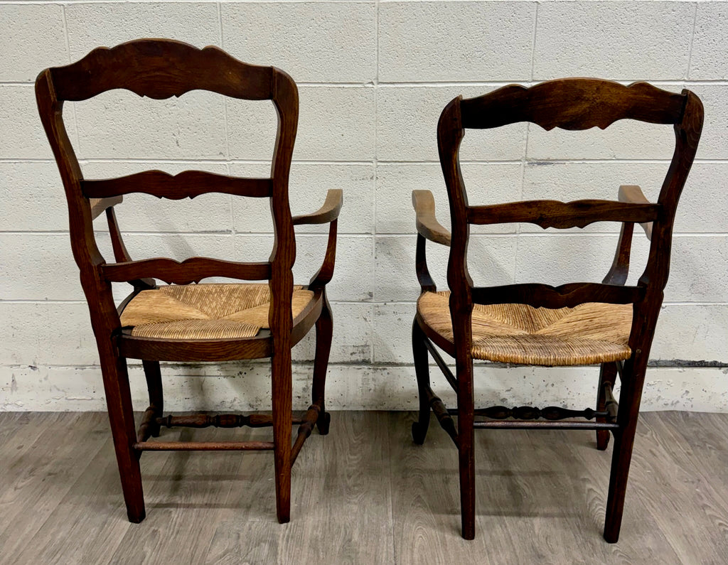 Antique French Country Style Louis XV Style Ladder Back Rush Seat Arm Chairs