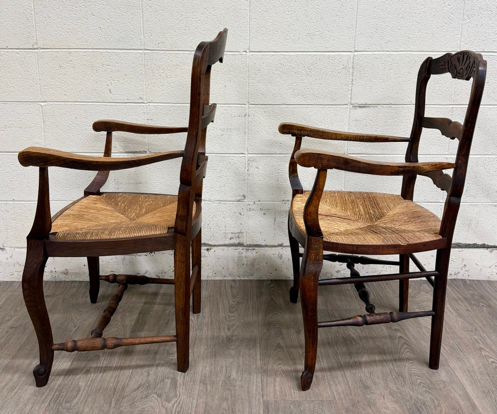 Antique French Country Style Louis XV Style Ladder Back Rush Seat Arm Chairs