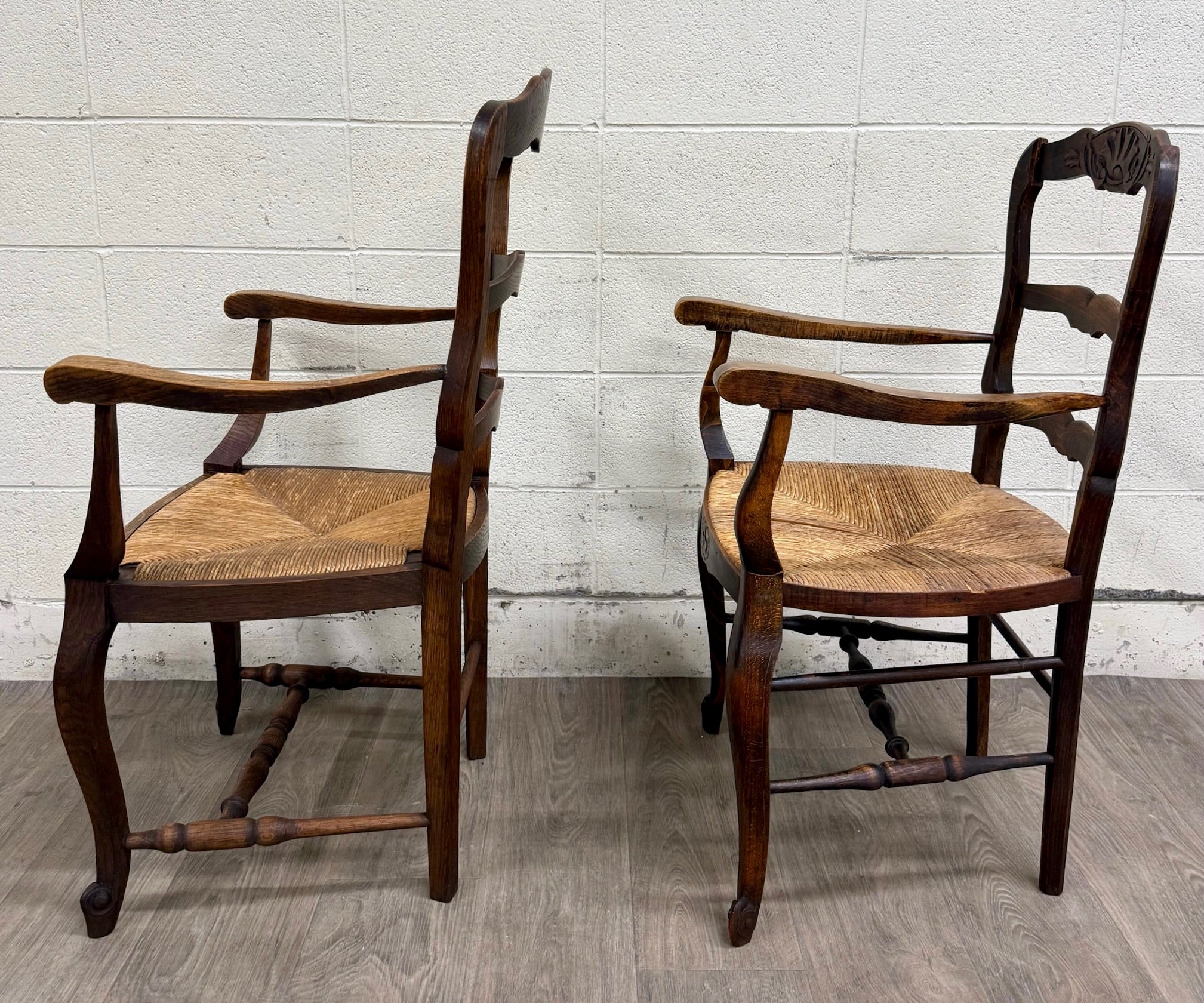 Antique French Country Style Louis XV Style Ladder Back Rush Seat Arm Chairs