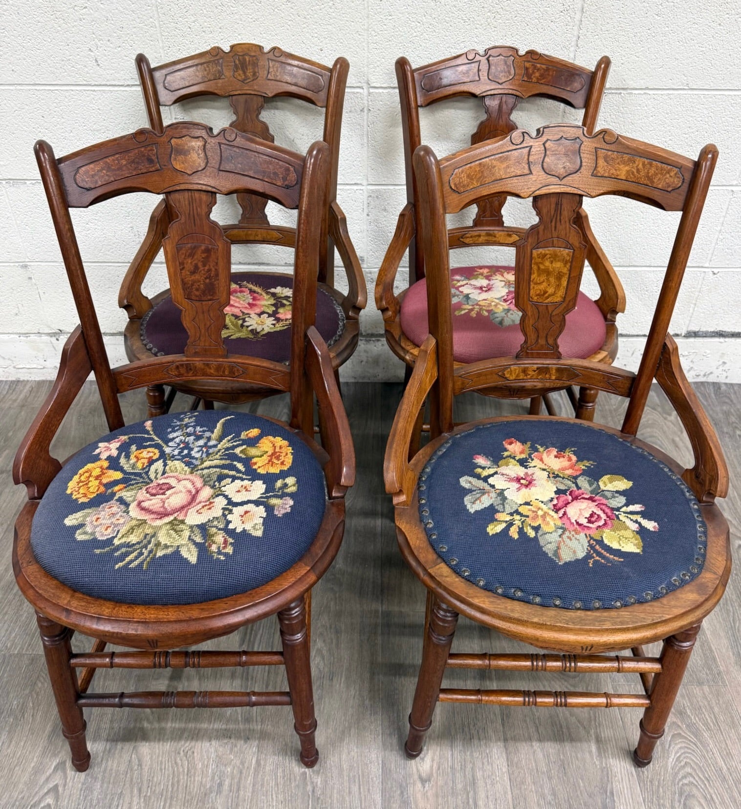 Antique Victorian Eastlake Style Walnut and Needlepoint Armchairs - Set of 4