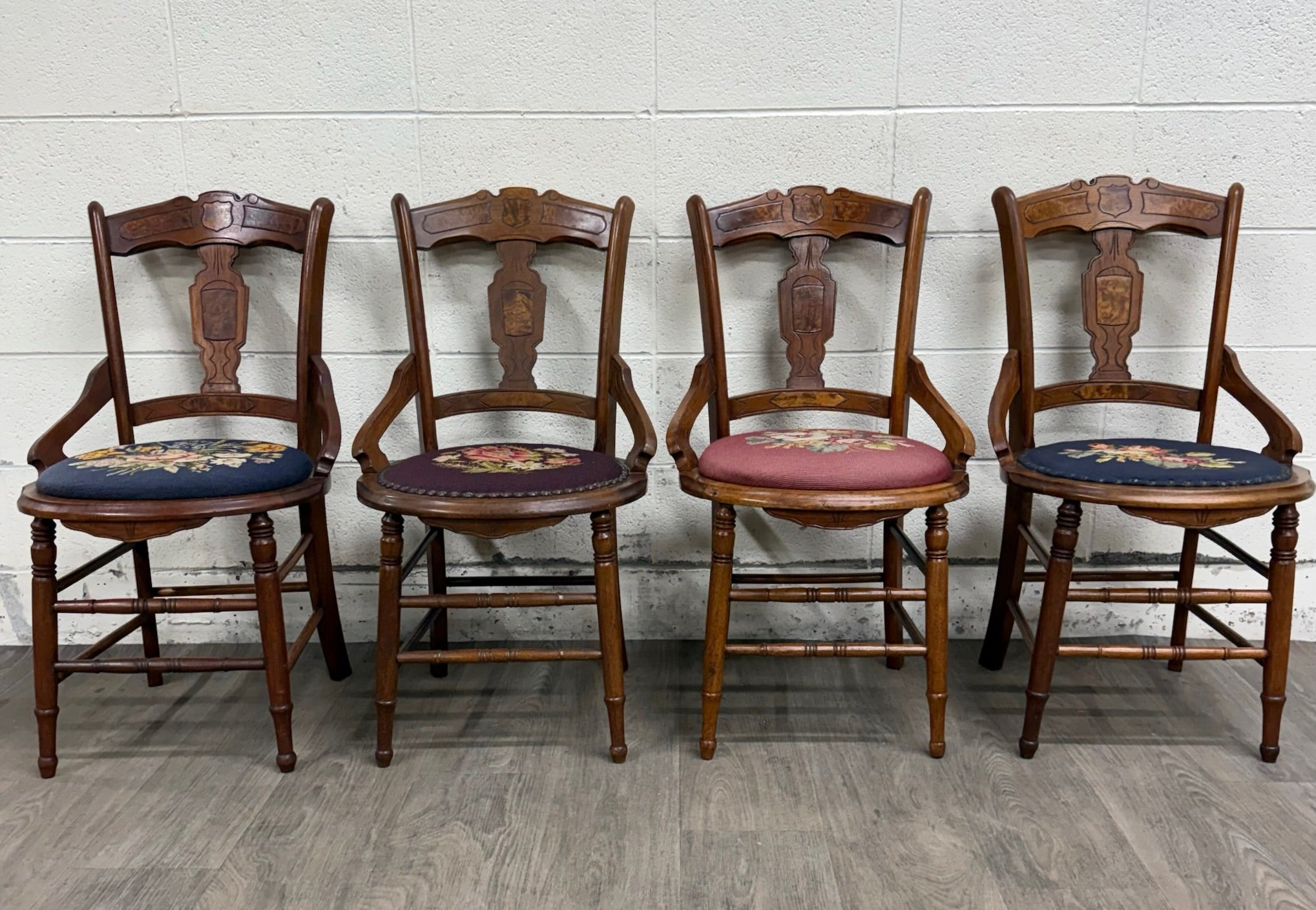 Antique Victorian Eastlake Style Walnut and Needlepoint Armchairs - Set of 4