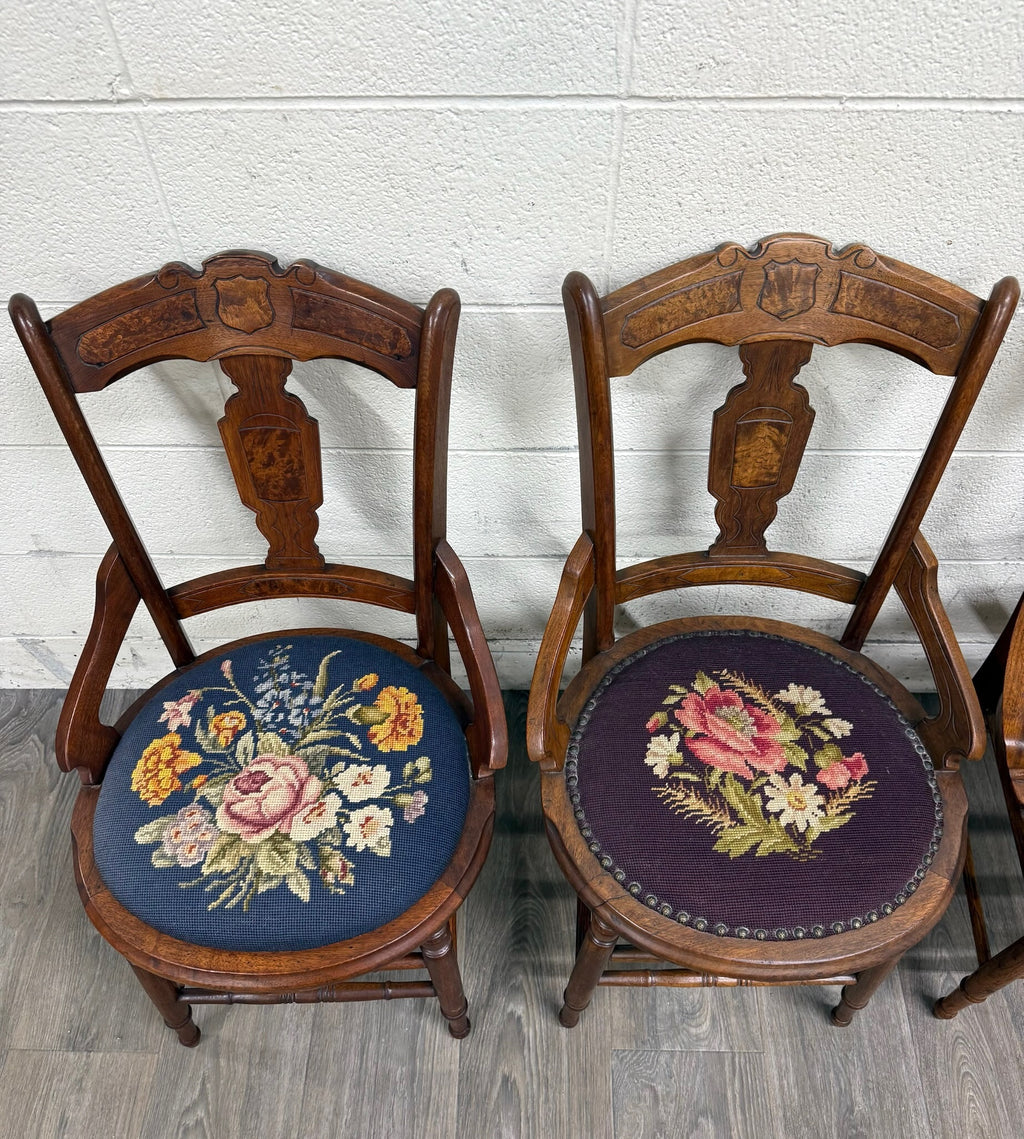 Antique Victorian Eastlake Style Walnut and Needlepoint Armchairs - Set of 4