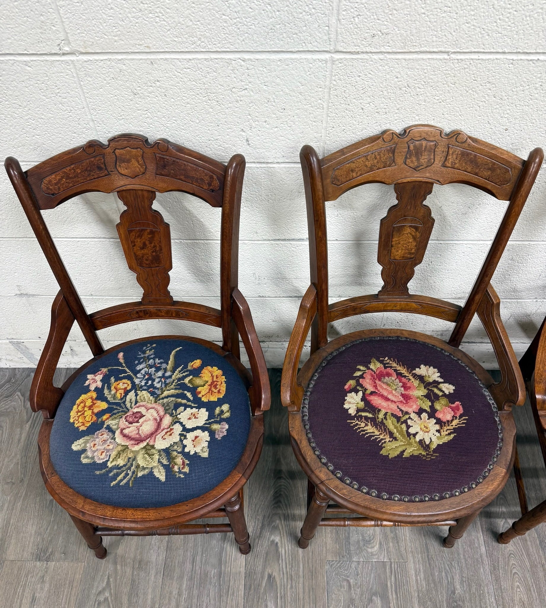 Antique Victorian Eastlake Style Walnut and Needlepoint Armchairs - Set of 4