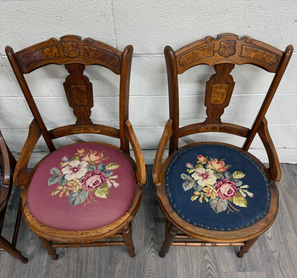 Antique Victorian Eastlake Style Walnut and Needlepoint Armchairs - Set of 4