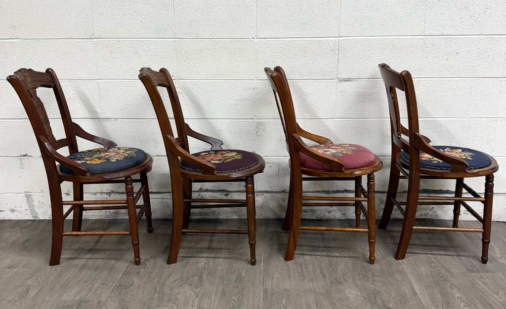 Antique Victorian Eastlake Style Walnut and Needlepoint Armchairs - Set of 4