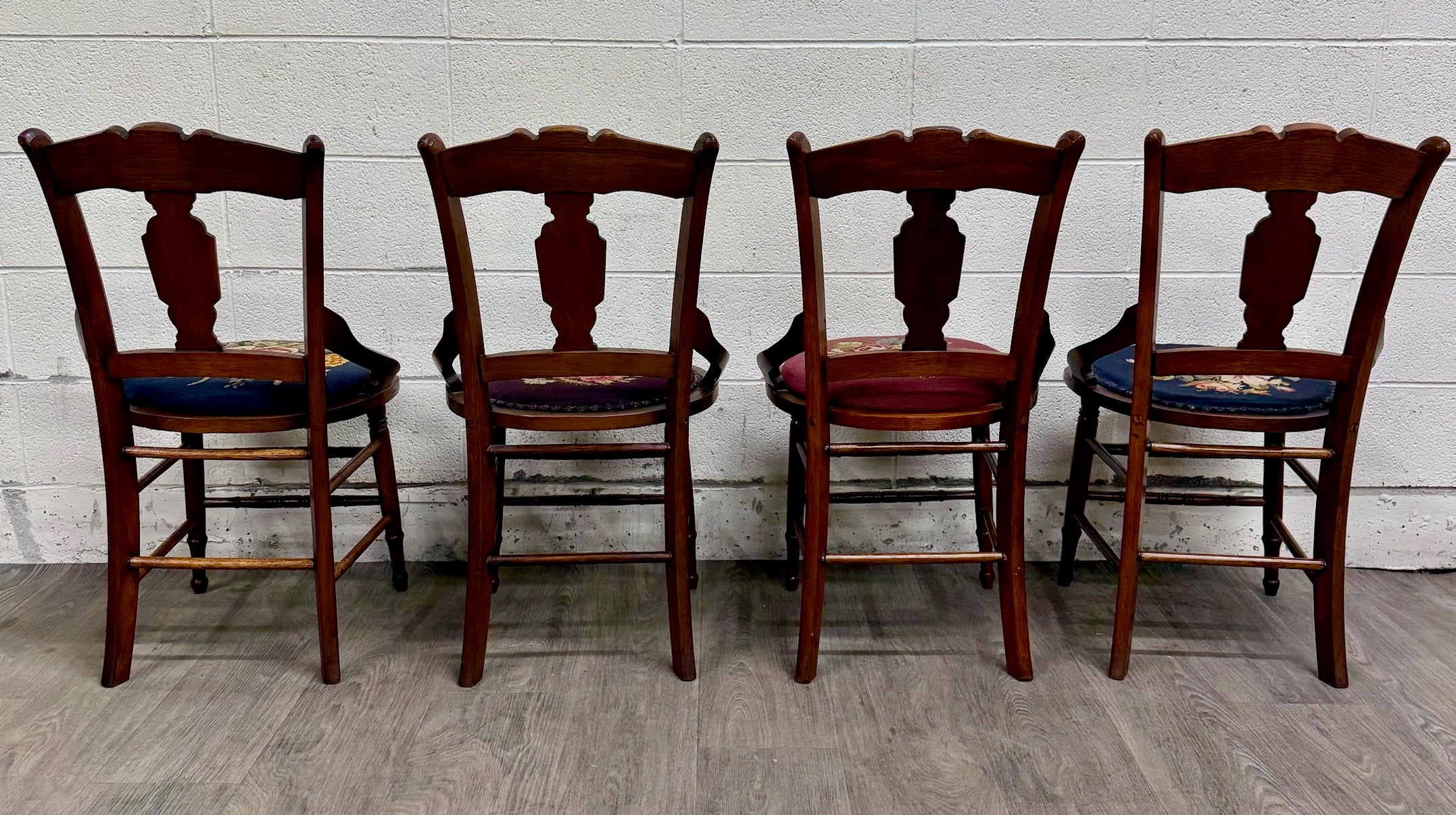 Antique Victorian Eastlake Style Walnut and Needlepoint Armchairs - Set of 4