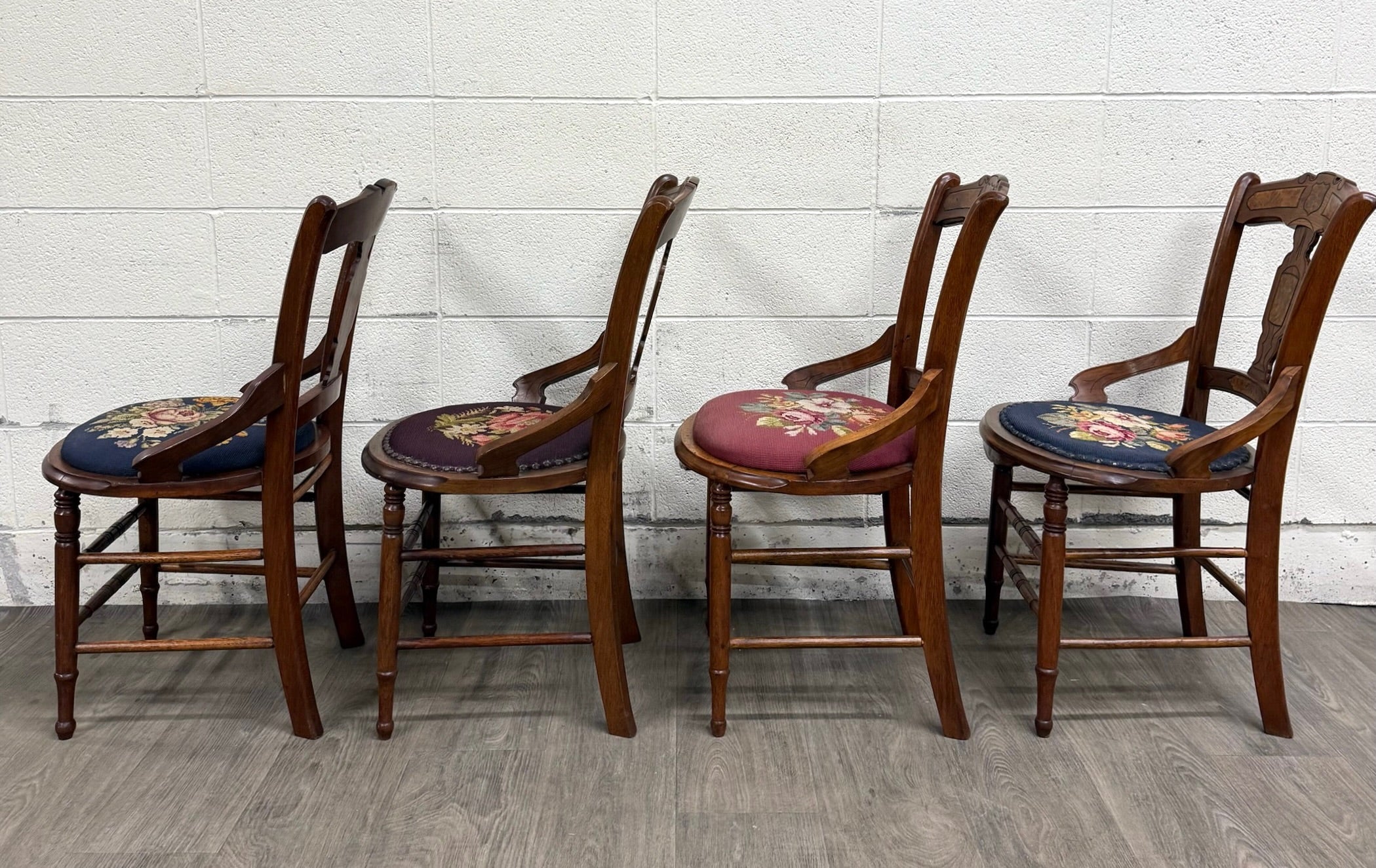 Antique Victorian Eastlake Style Walnut and Needlepoint Armchairs - Set of 4