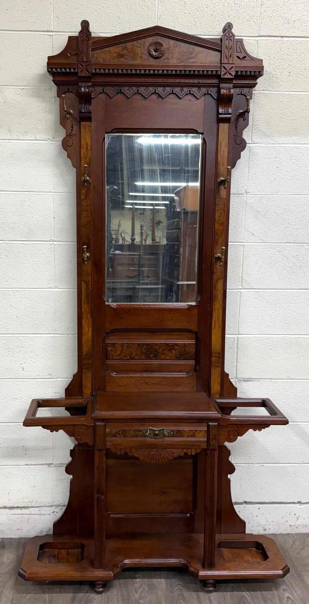 Antique Victorian Eastlake Walnut Hall Tree with Mirror and Hooks and Drawer
