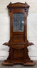 Antique Victorian Eastlake Walnut Hall Tree with Mirror and Hooks and Drawer