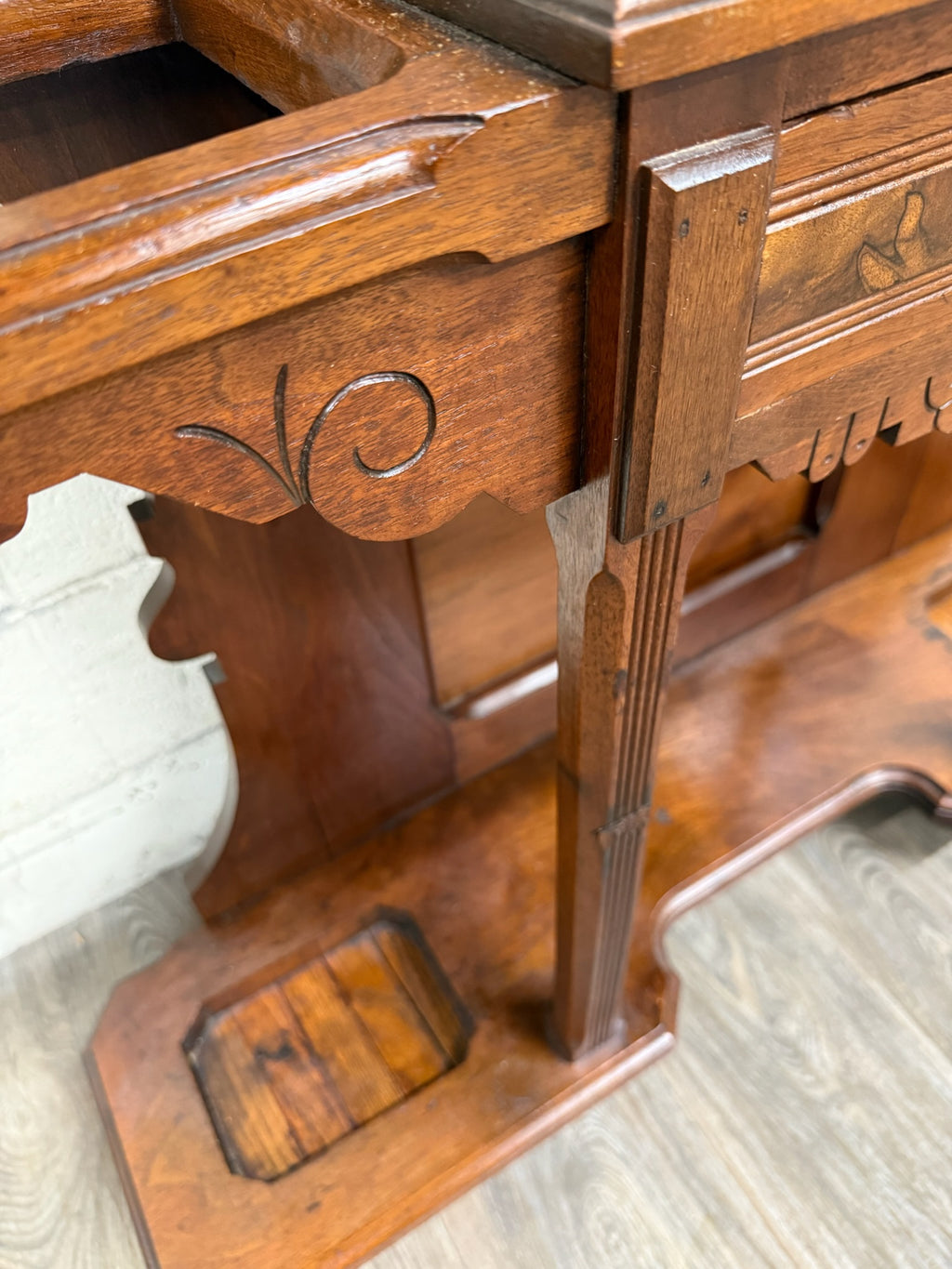 Antique Victorian Eastlake Walnut Hall Tree with Mirror and Hooks and Drawer