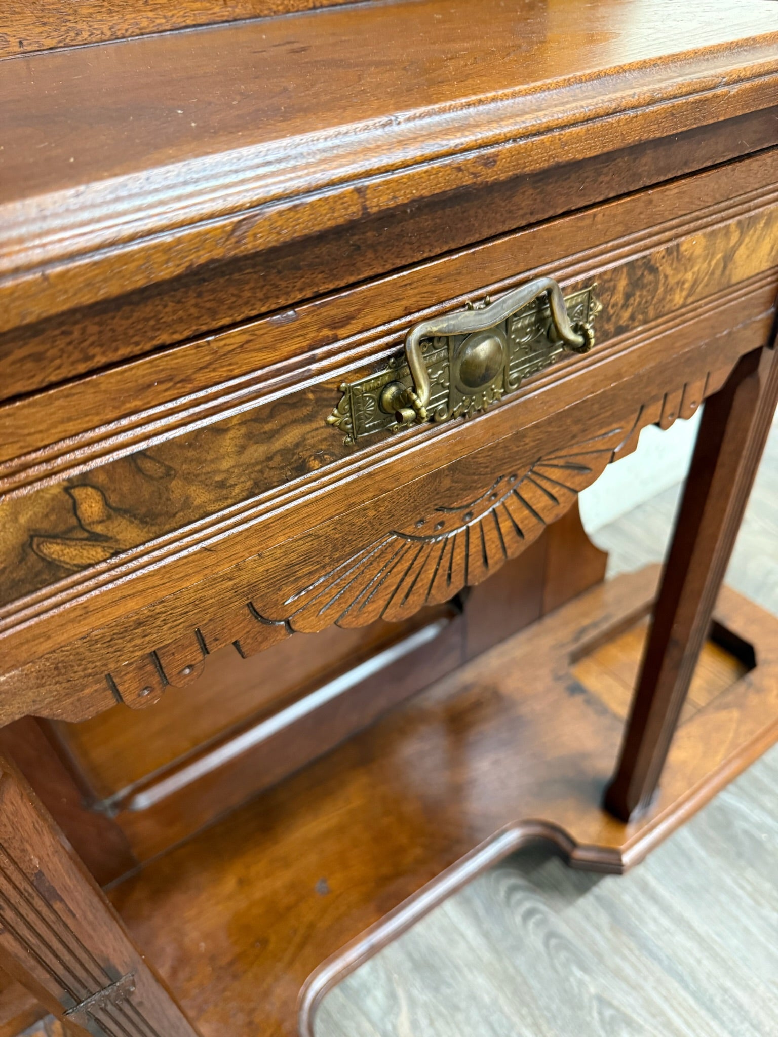 Antique Victorian Eastlake Walnut Hall Tree with Mirror and Hooks and Drawer
