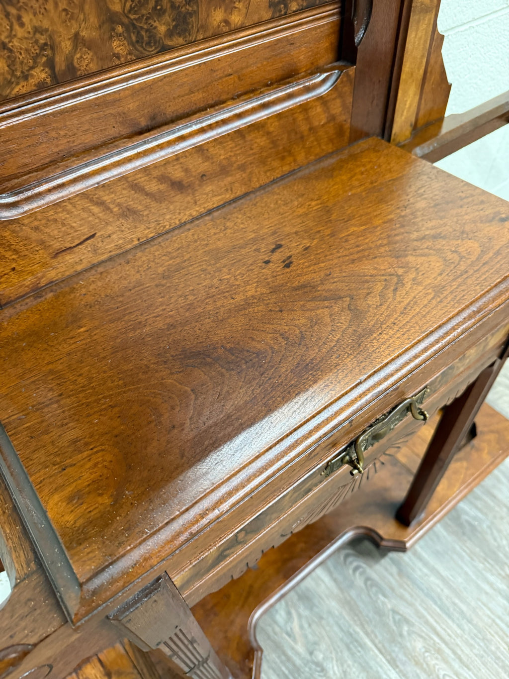 Antique Victorian Eastlake Walnut Hall Tree with Mirror and Hooks and Drawer