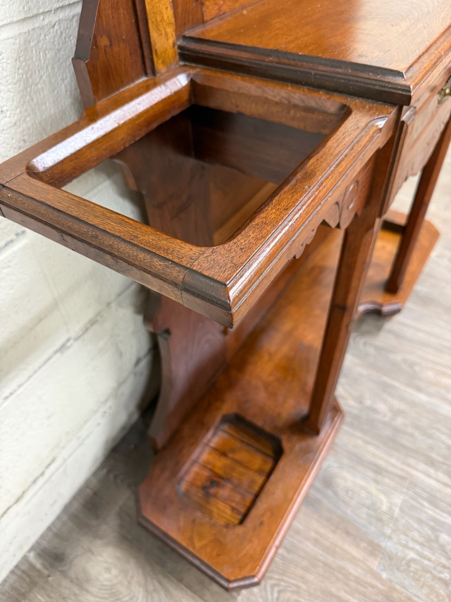 Antique Victorian Eastlake Walnut Hall Tree with Mirror and Hooks and Drawer