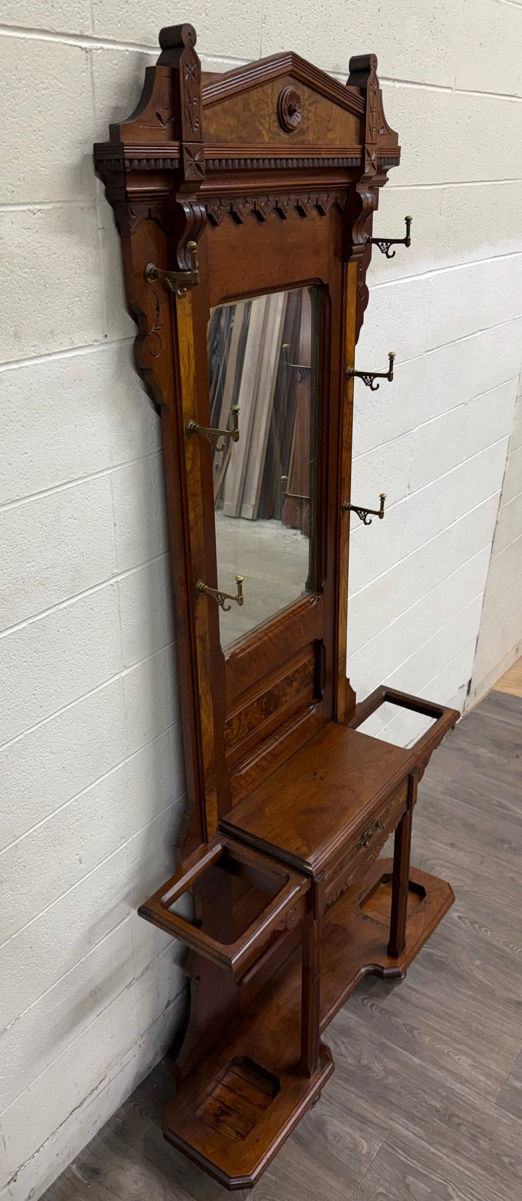 Antique Victorian Eastlake Walnut Hall Tree with Mirror and Hooks and Drawer
