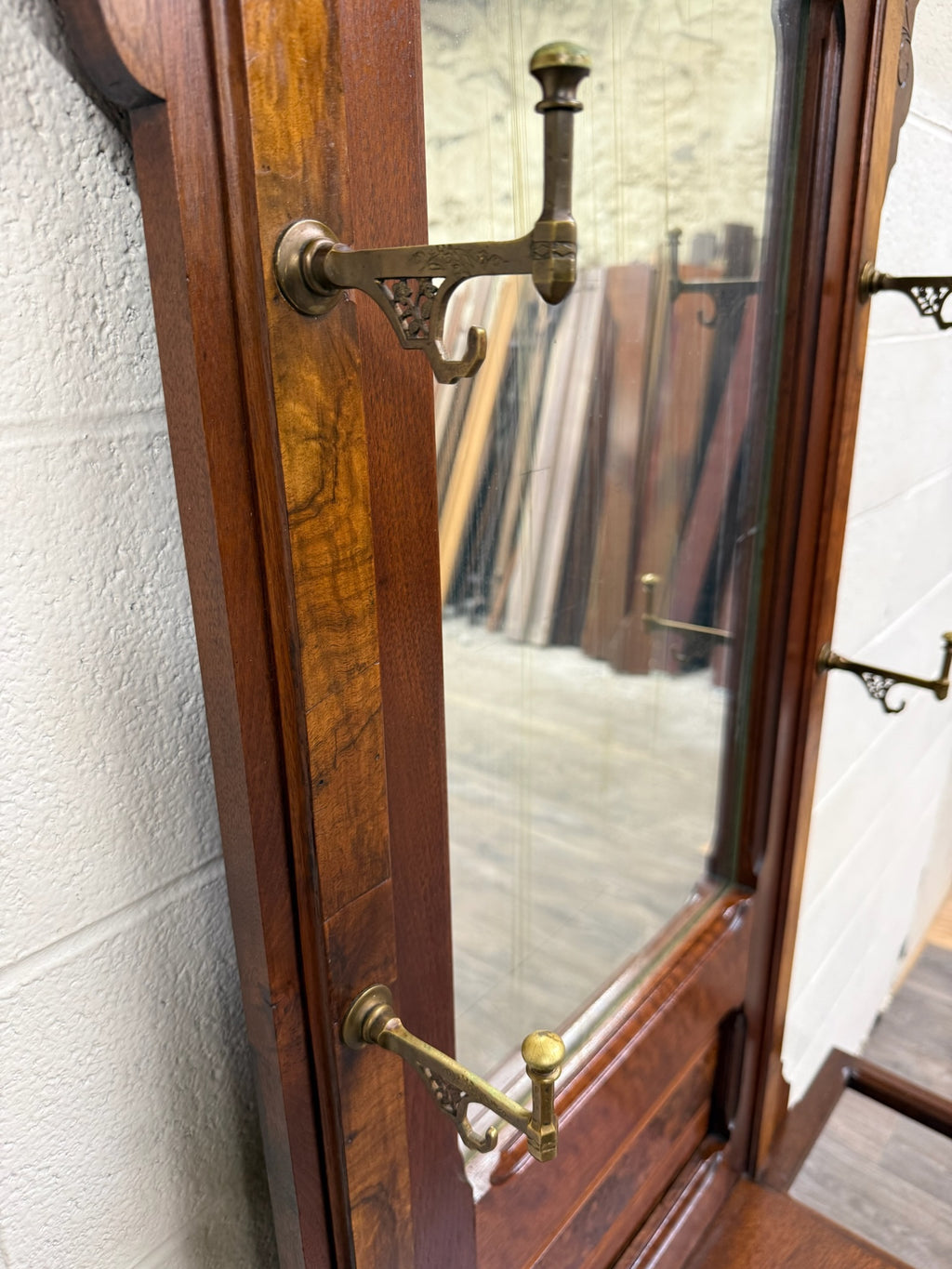 Antique Victorian Eastlake Walnut Hall Tree with Mirror and Hooks and Drawer