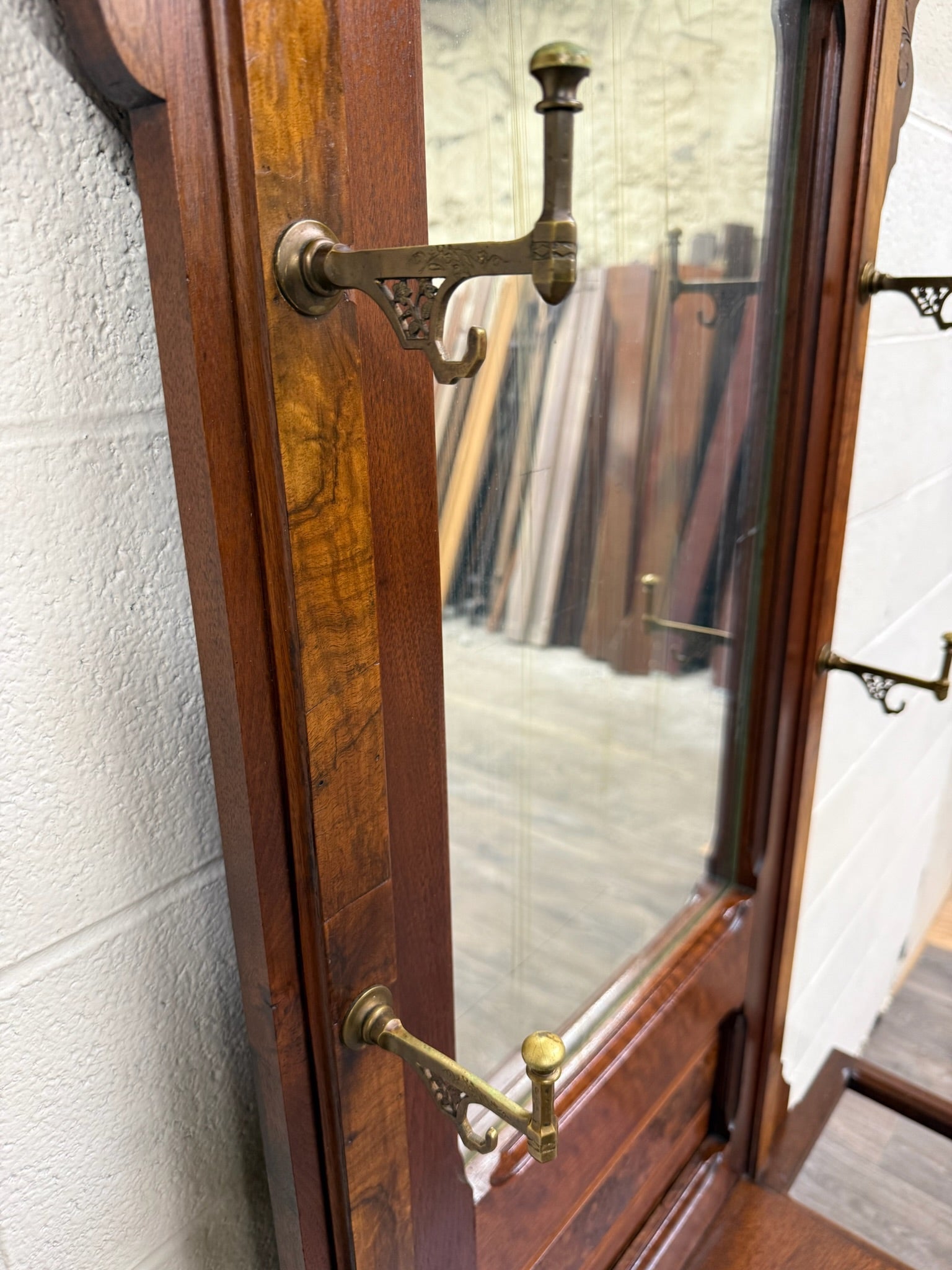 Antique Victorian Eastlake Walnut Hall Tree with Mirror and Hooks and Drawer