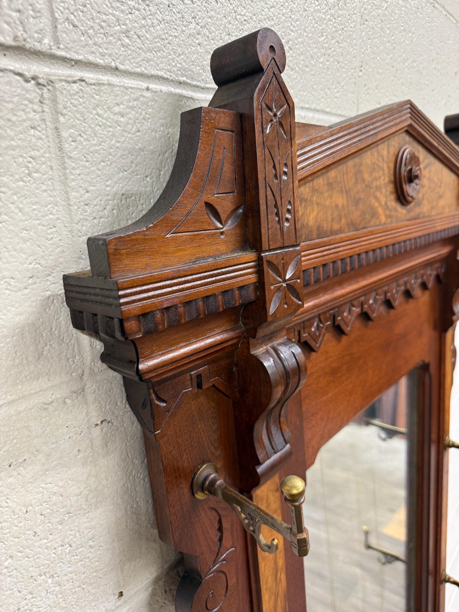 Antique Victorian Eastlake Walnut Hall Tree with Mirror and Hooks and Drawer
