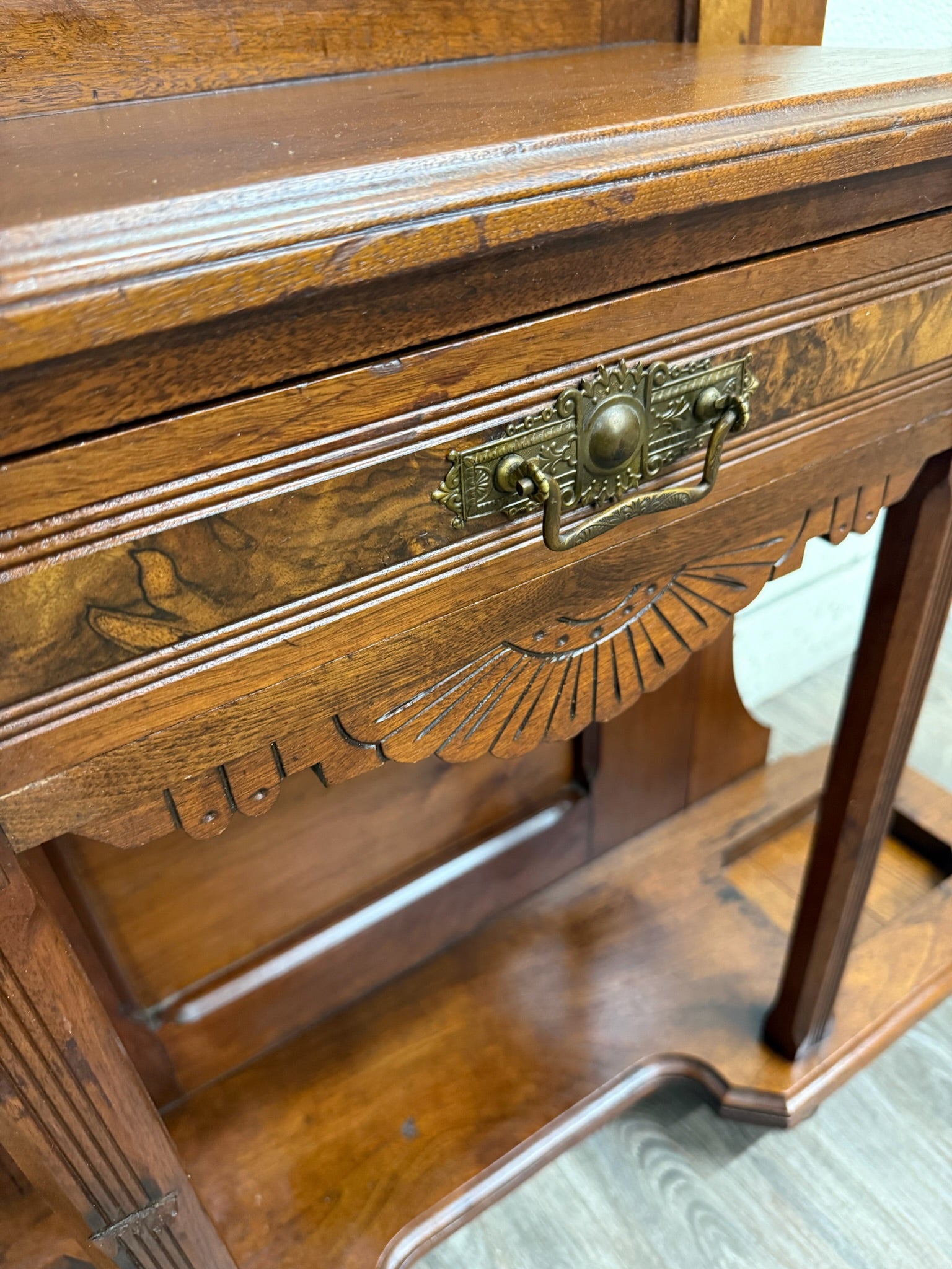 Antique Victorian Eastlake Walnut Hall Tree with Mirror and Hooks and Drawer