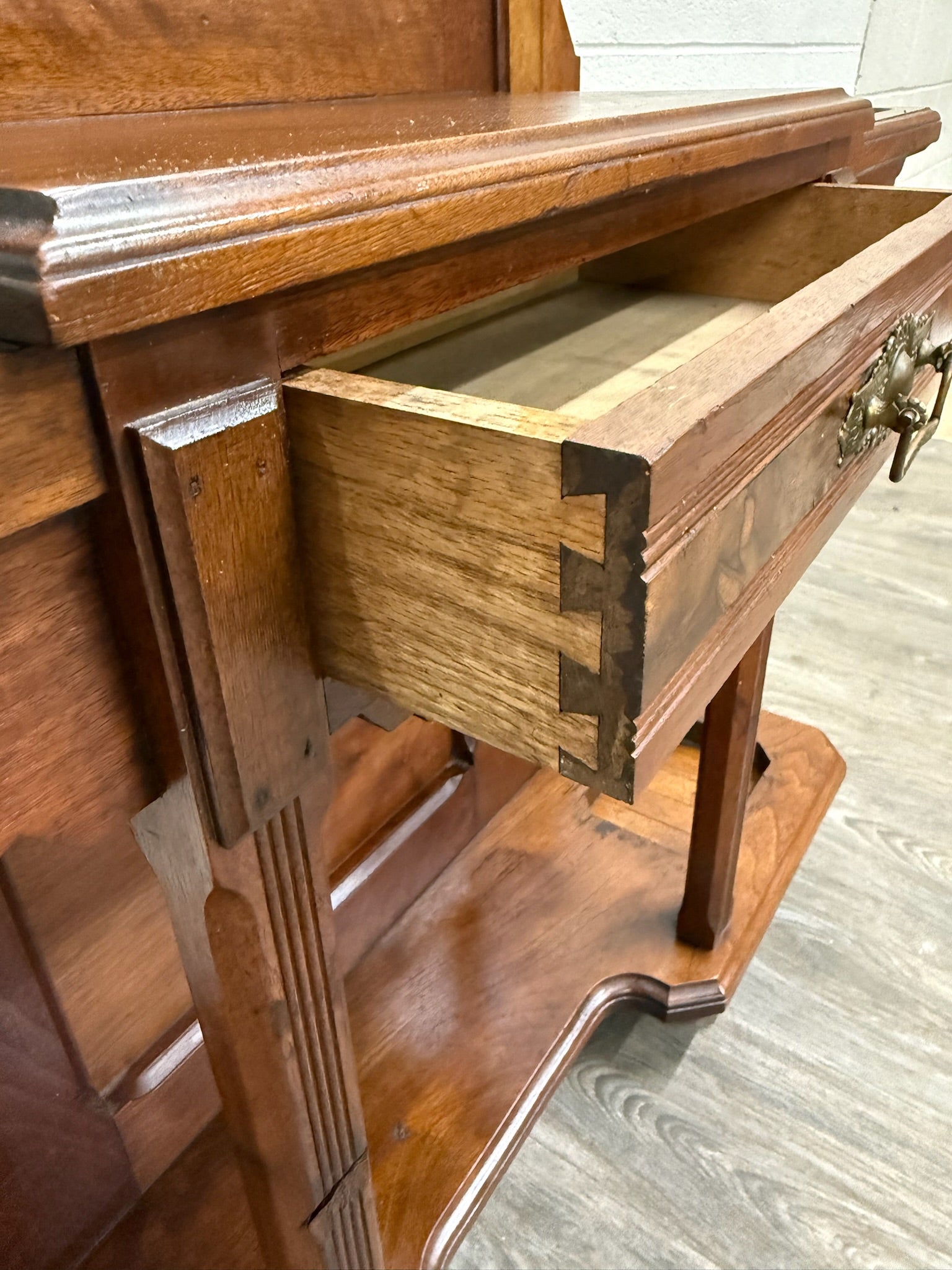 Antique Victorian Eastlake Walnut Hall Tree with Mirror and Hooks and Drawer