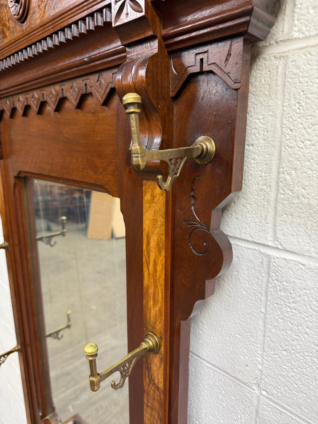 Antique Victorian Eastlake Walnut Hall Tree with Mirror and Hooks and Drawer