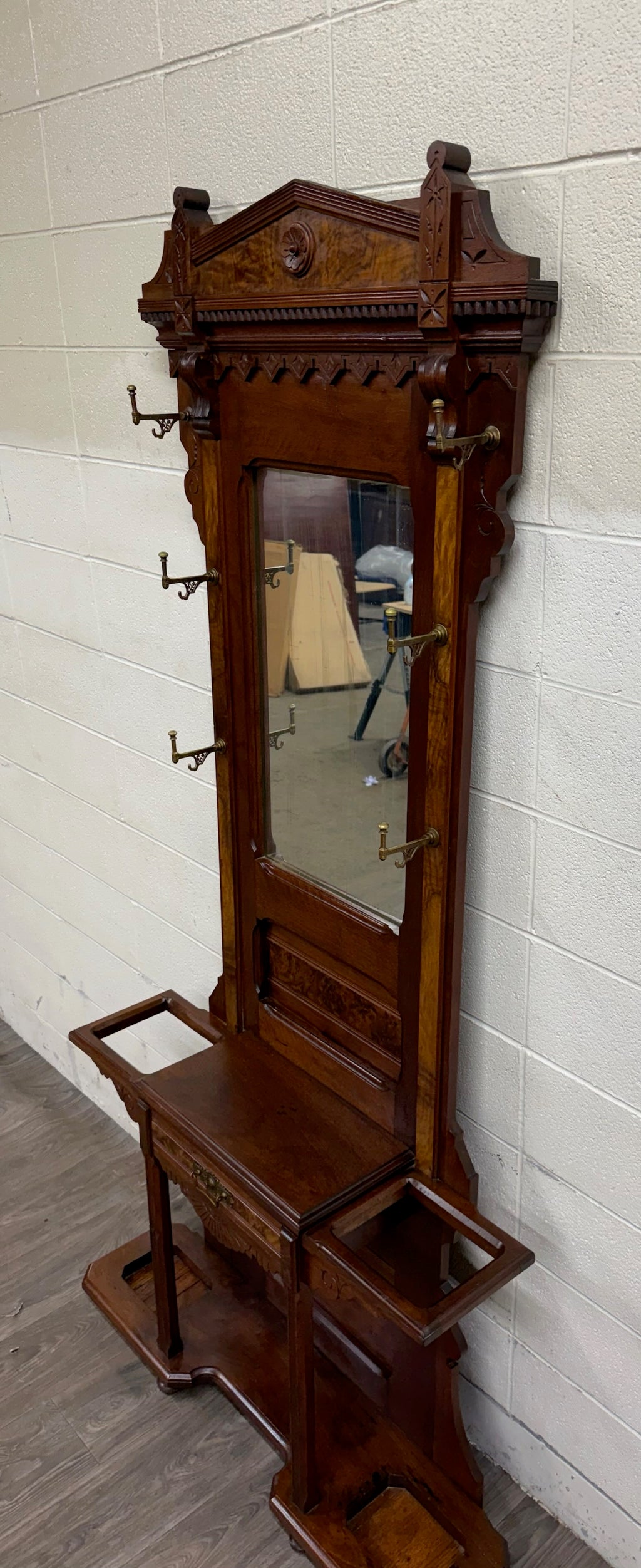 Antique Victorian Eastlake Walnut Hall Tree with Mirror and Hooks and Drawer
