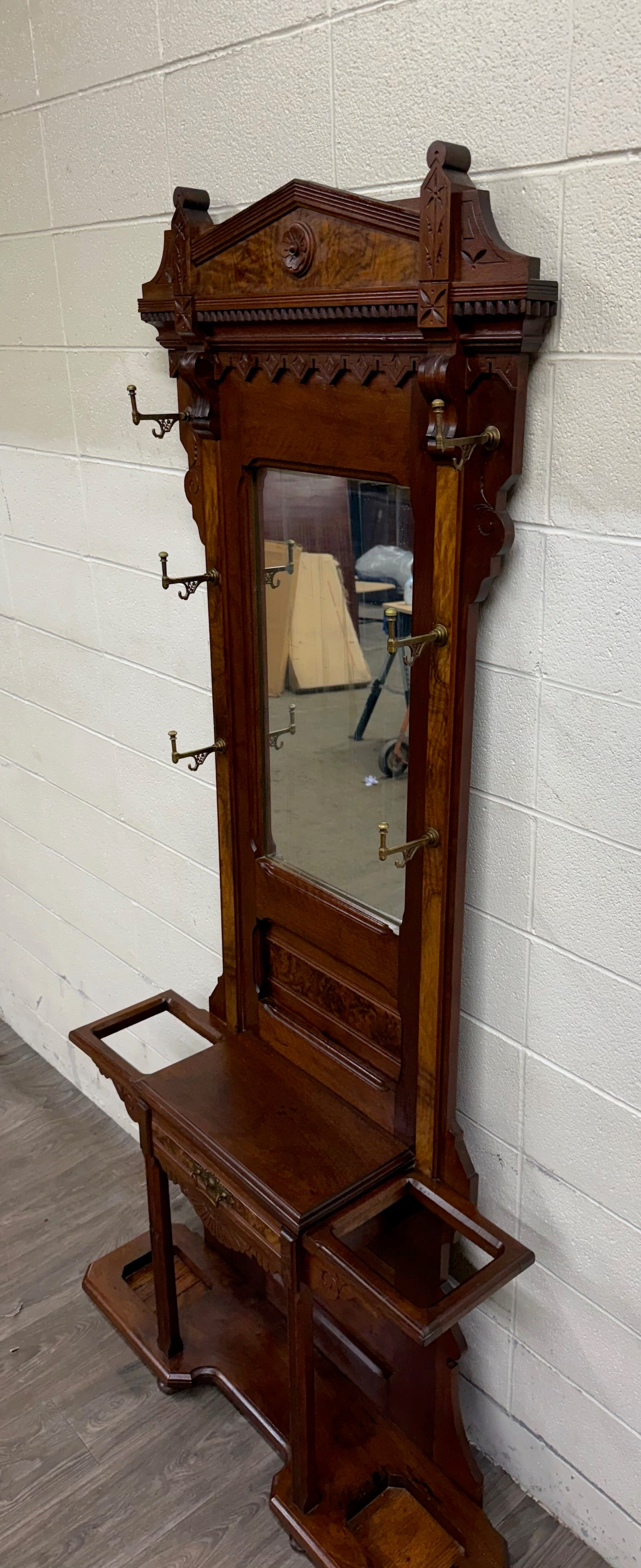 Antique Victorian Eastlake Walnut Hall Tree with Mirror and Hooks and Drawer