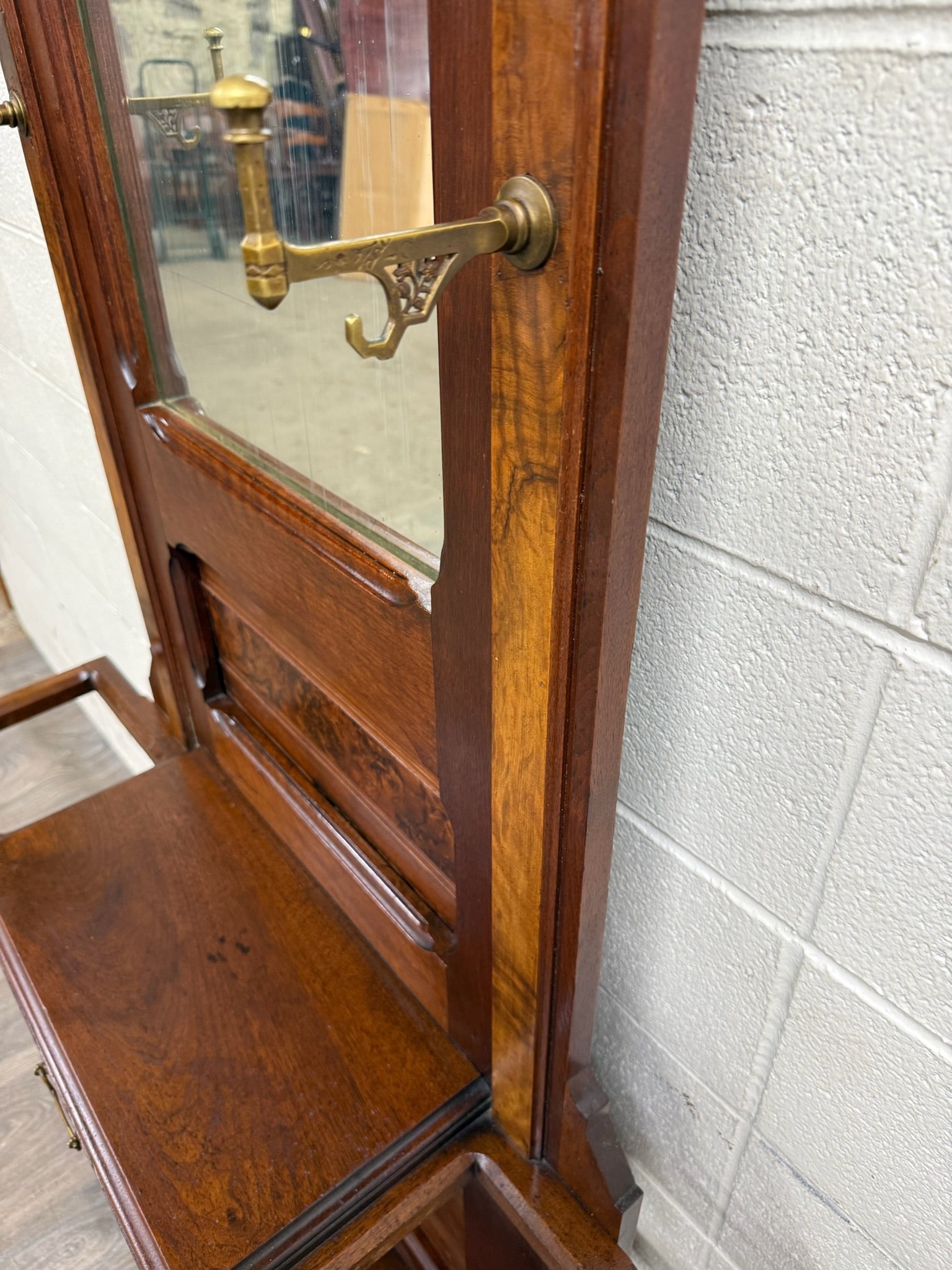 Antique Victorian Eastlake Walnut Hall Tree with Mirror and Hooks and Drawer