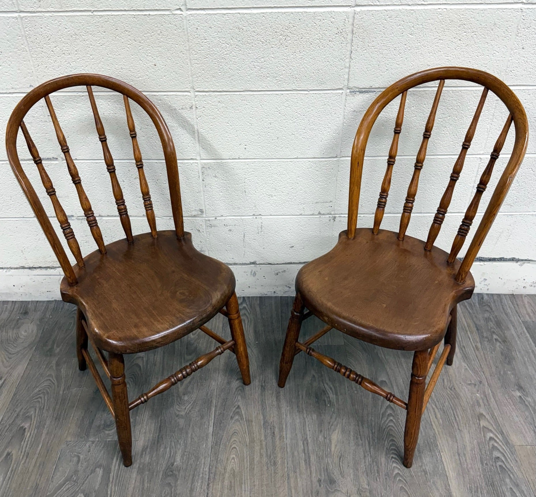 Antique Rustic Farmhouse Windsor Hoop Back Bow Back Spindle Dining Chairs - Pair