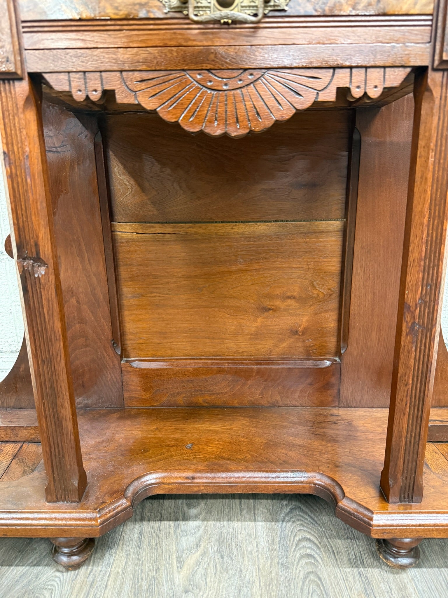 Antique Victorian Eastlake Walnut Hall Tree with Mirror and Hooks and Drawer