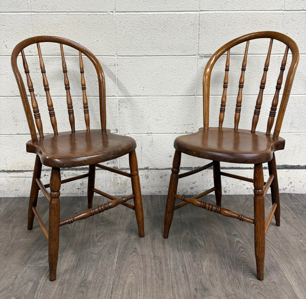 Antique Rustic Farmhouse Windsor Hoop Back Bow Back Spindle Dining Chairs - Pair