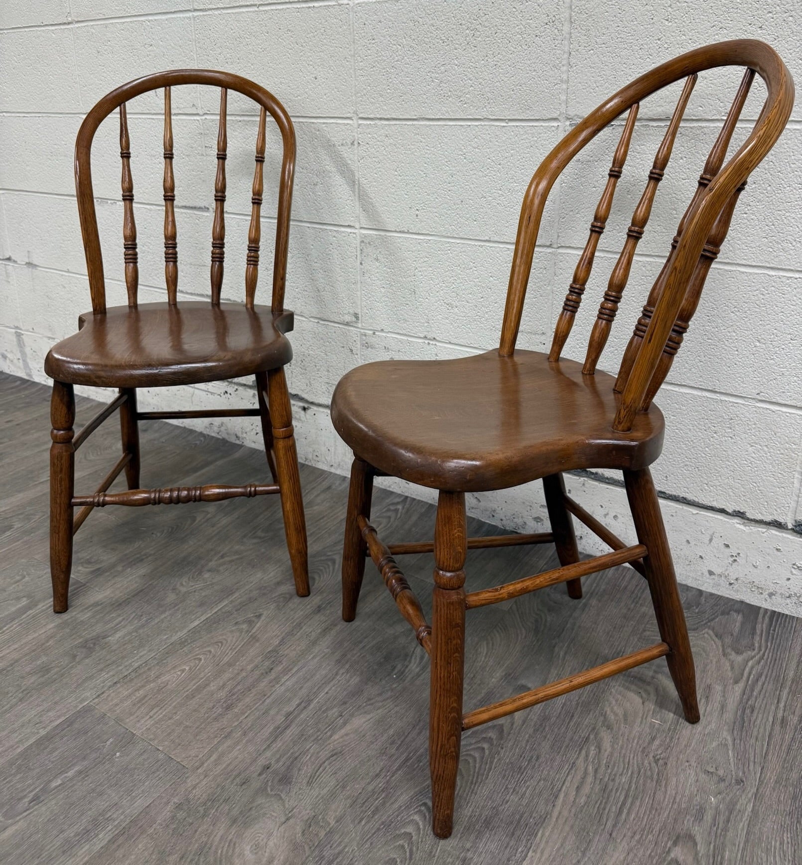 Antique Rustic Farmhouse Windsor Hoop Back Bow Back Spindle Dining Chairs - Pair