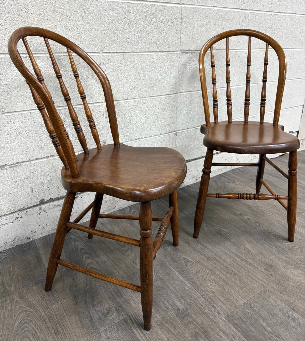 Antique Rustic Farmhouse Windsor Hoop Back Bow Back Spindle Dining Chairs - Pair