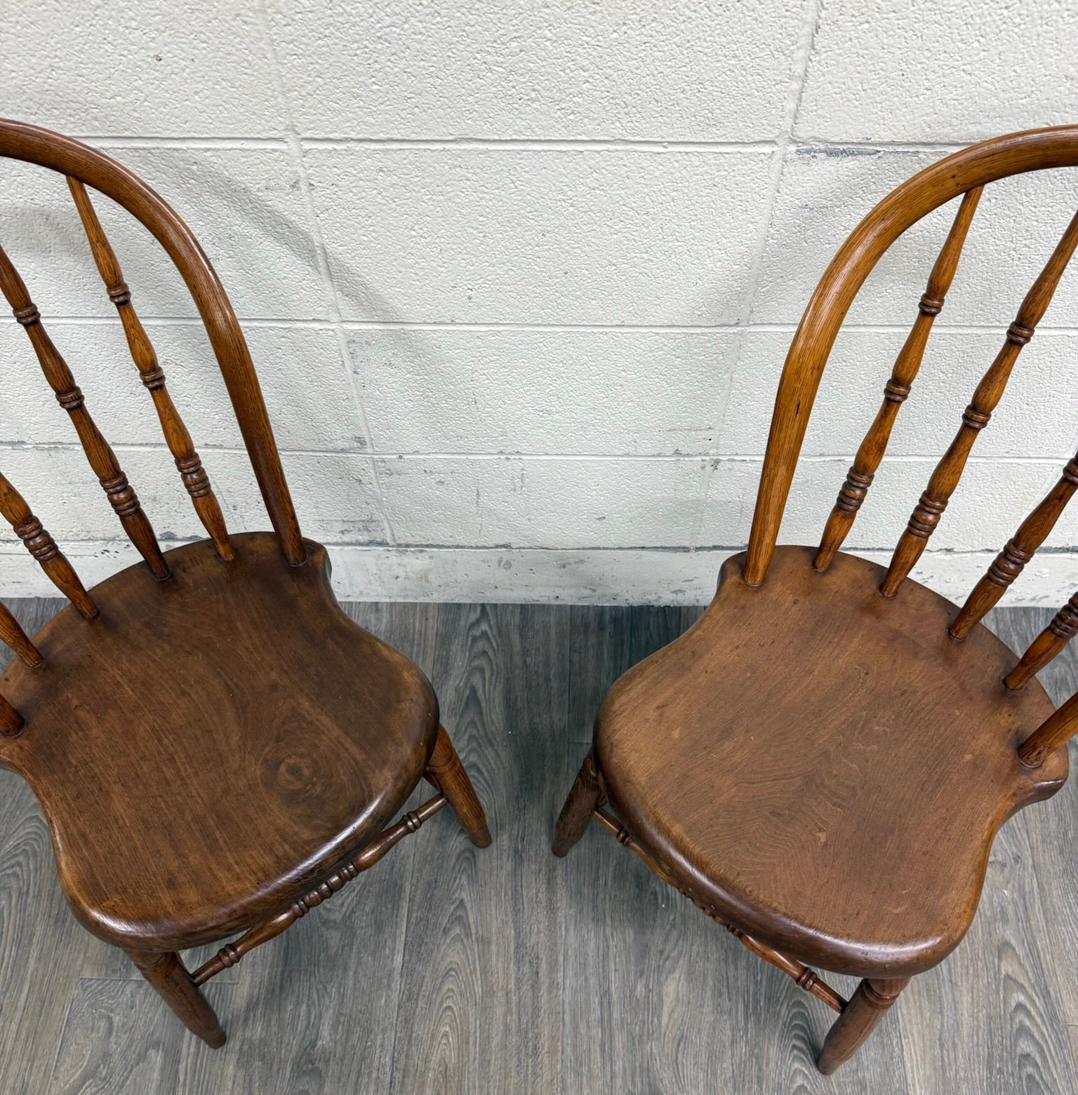 Antique Rustic Farmhouse Windsor Hoop Back Bow Back Spindle Dining Chairs - Pair