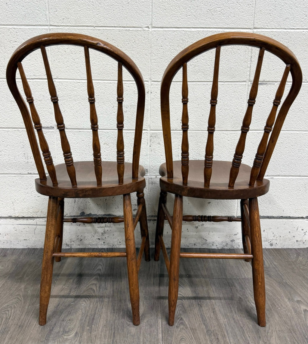 Antique Rustic Farmhouse Windsor Hoop Back Bow Back Spindle Dining Chairs - Pair