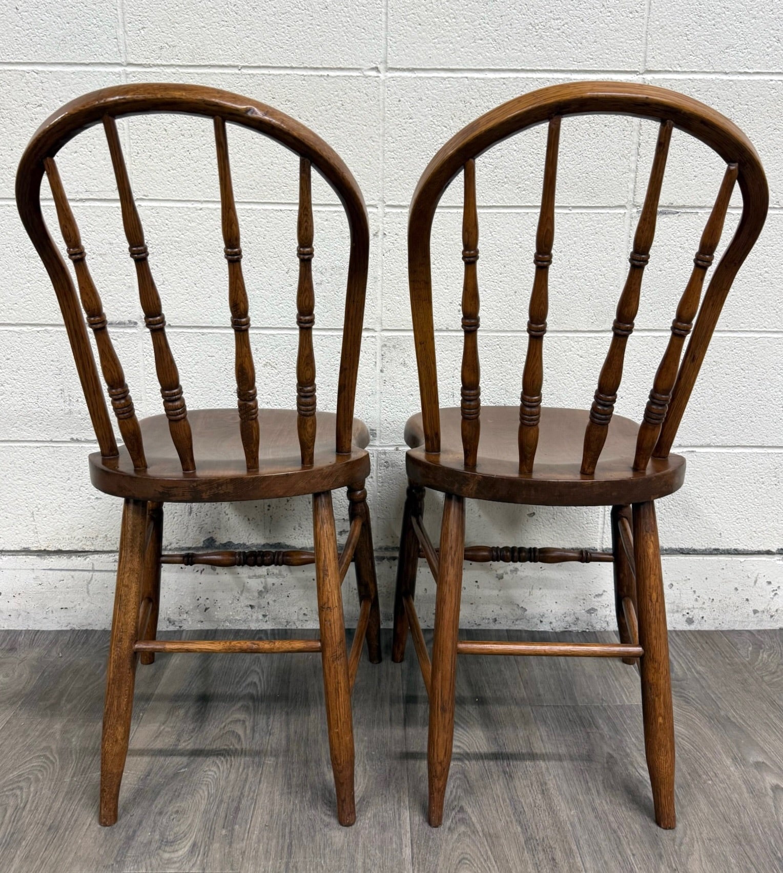 Antique Rustic Farmhouse Windsor Hoop Back Bow Back Spindle Dining Chairs - Pair