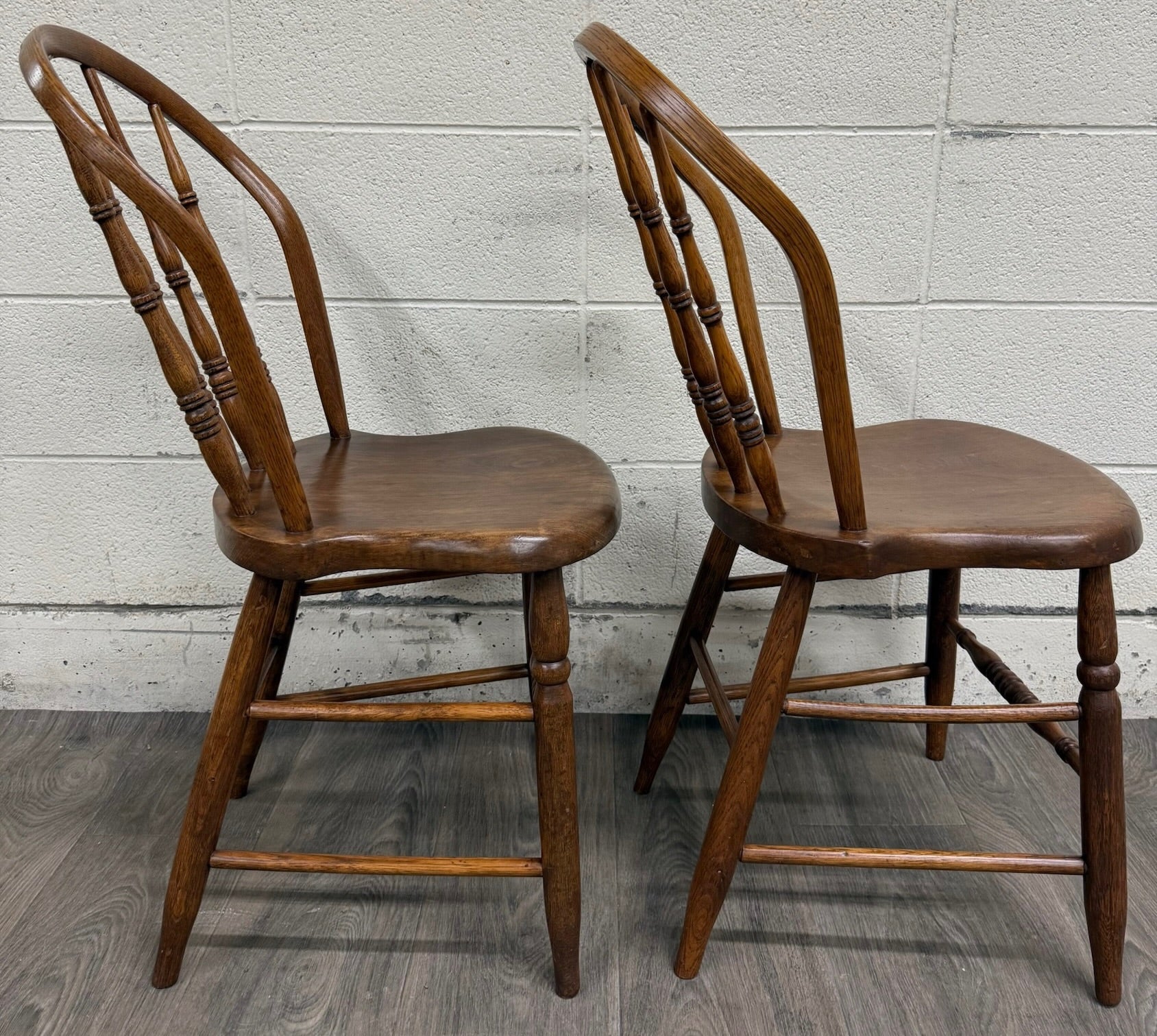 Antique Rustic Farmhouse Windsor Hoop Back Bow Back Spindle Dining Chairs - Pair