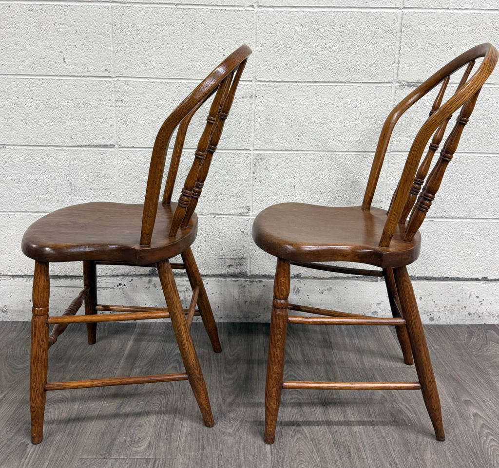 Antique Rustic Farmhouse Windsor Hoop Back Bow Back Spindle Dining Chairs - Pair