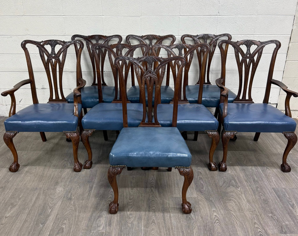 Vintage English Chippendale Style Carved Mahogany Dining Chairs - Set of 8