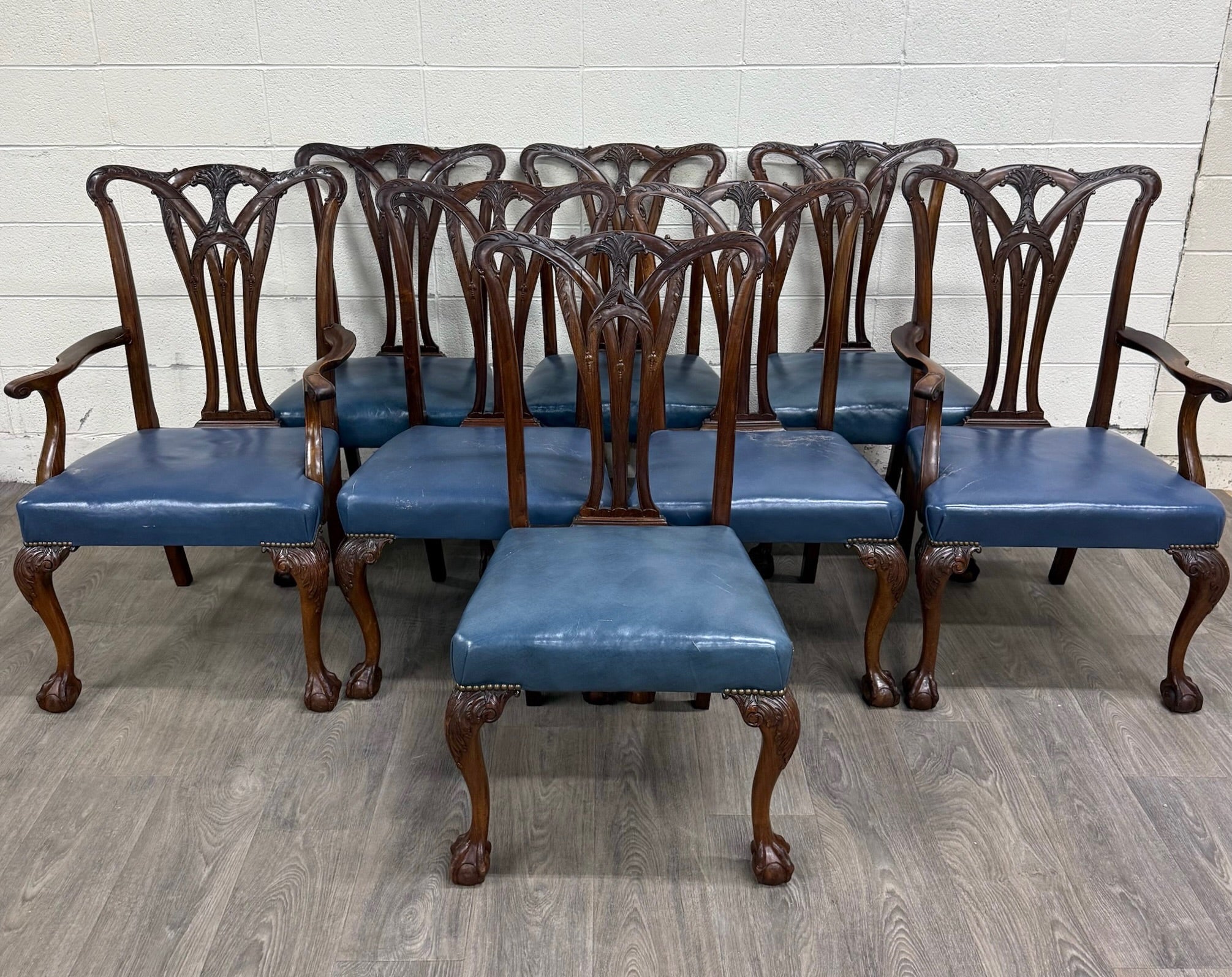 Vintage English Chippendale Style Carved Mahogany Dining Chairs - Set of 8